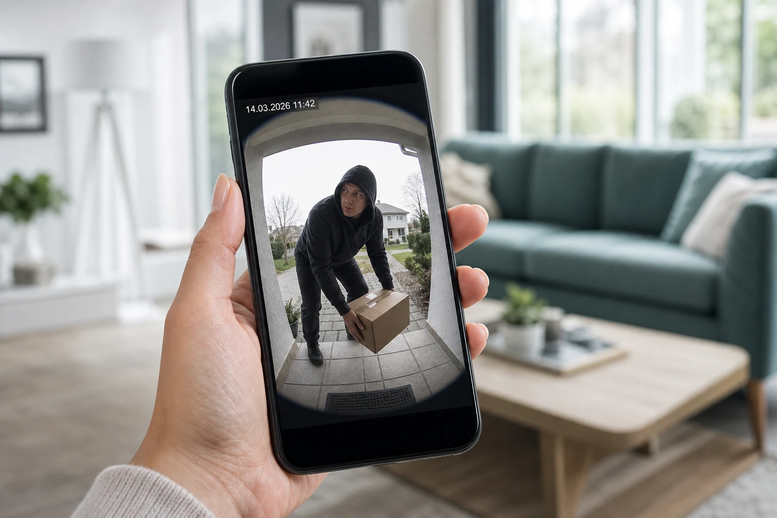 Smartphone mit einer Kameraaufnahme vom Hauseingang